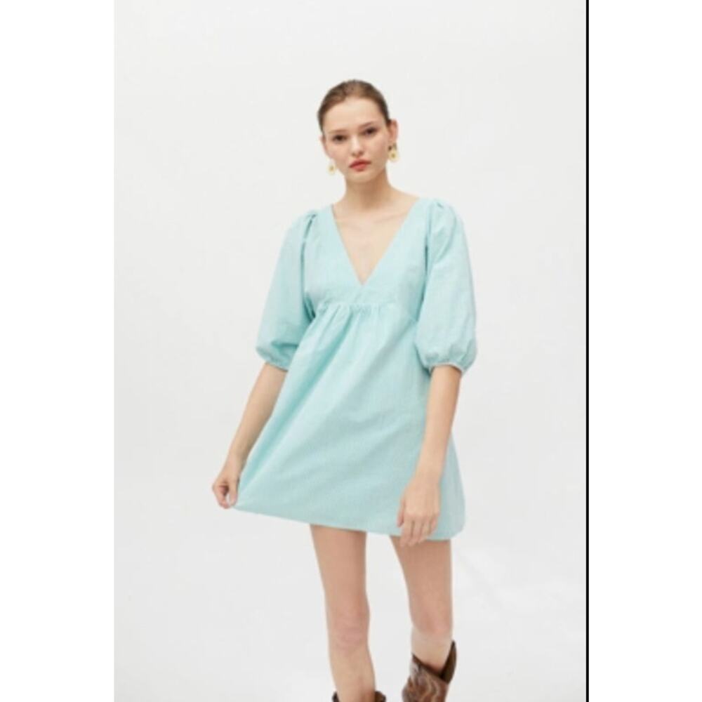 Urban Outfitters Green Stripe Seersucker Puff Sleeve Babydoll Boho Top S